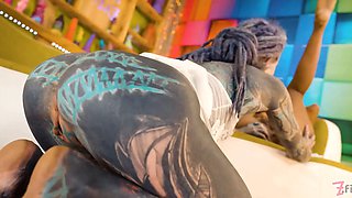 Tattooed lezzie strap-on screw squirting and watersports