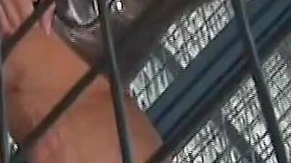 Caged Blonde Slut Tonguing Dripping Pussy in Fishnets