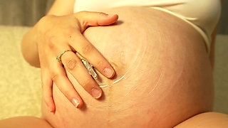 Giantess Blonde Pregnant Stepsister Shows Her Big Belly and Stretch Marks to Tiny Stepbrother Then Farts on Him