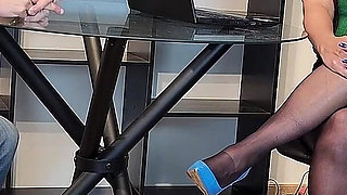 Kiffa Seduces Boss Wearing Nylons and High Heels Blue Stiletto - Pantyhose - Nylons - Stiletto