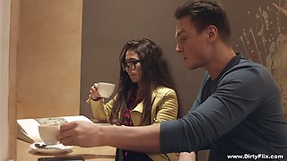 Nerdy brunette in glasses Little Candy is fucked hard by horny guy
