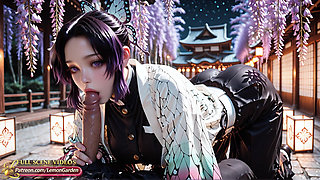 Shinobu Kocho fucks in a night garden with blooming wisteria. 3d Hentai Ai generated anime porn
