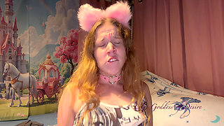 Ahegao, Cute Anime Girl with Ears and Collar Has Multiple Orgasms