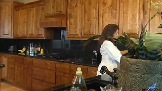 Tori Baker Plays With Her Big Natural Tits and Glass Dildo in the Kitchen