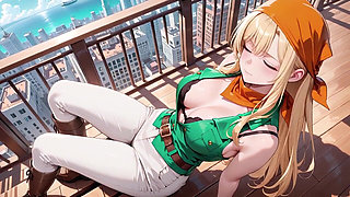 Blonde Pirate Captain! Green Uniform & Rough Ropes on a Sunny Deck. Languid Poses, Long Legs Exposed, and That Teasing Gaze