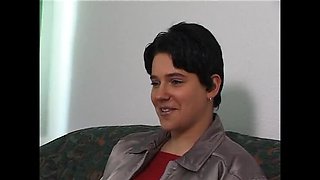 Chubby hairy brunette rubs her wet cunt during casting