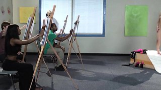 CFNM lingerie milfs in art class threesome