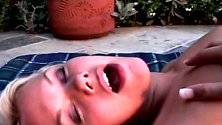 Sexy Lesbian Blondes Having Outdoor Fuck with Dildo