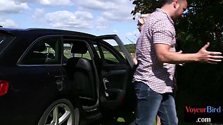Voyeur in car teases BF who jerks on her luscious body outd
