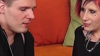 Redhead German MILF with piercing and tattoo loves getting a cock in her pussy and getting her face filled with warm cum