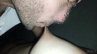 My husband plays and sucks my swollen nipples, I am warmed by the rich sounds he makes when he licks my juicy tits