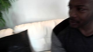 Plump ebony tugging a big white cock close up and loving it