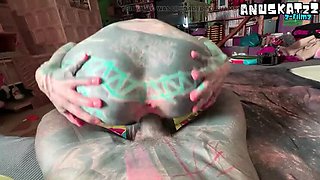 Petite Goth with tattoos gets sloppy blowjob and creampie at home