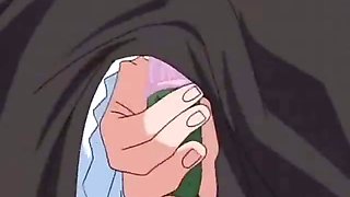 Sultry brown haired hentai maid giving blow job to her