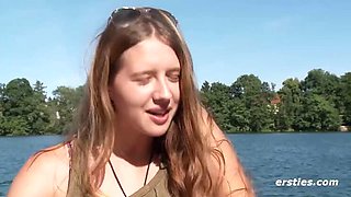 German amateur Alba gets off with vibrator on lakeshore - solo masturbation with shaved pussy