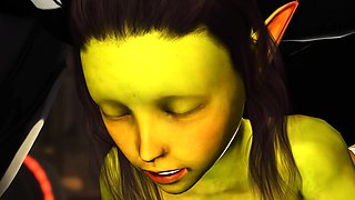 Female green alien gets fucked by a big monster in starship
