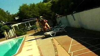 Awesome Brunette Babe Rides Dick by the Pool