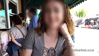 Busty beauty flashing cunt in public for money