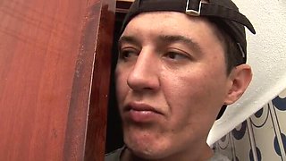 Horny stepson watches busty naked stepmom shower, strokes his hard cock