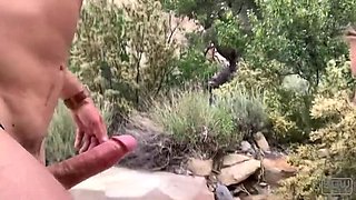 Hot blonde with big natural tits rides motorcycle then gets fucked and sucks big cock outdoors