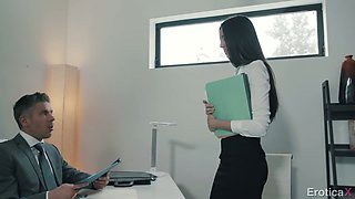 Sexy long haired secretary Eliza Ibarra rides firm cock on top