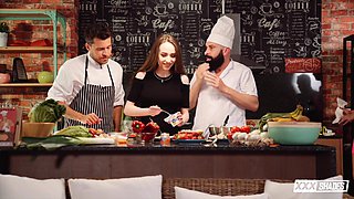 Angel Rush Sizzles in Fiery Kitchen Threesome Passion