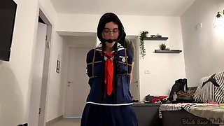 Toko Fukawa Bondage Training: Tied Up Schoolgirl in Uniform Gets Gagged and Hogtied by Female Dom
