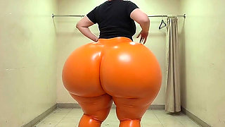 Big Ass Stepmom Trying Tight Orange Leggings in Fitting Room