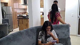 My stepmom sucks my cock on the stairs while my stepsister is distracted