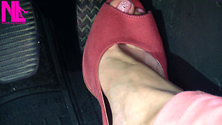 Barefoot Driving and Revving in Vivid Pink High Heeled Sandals