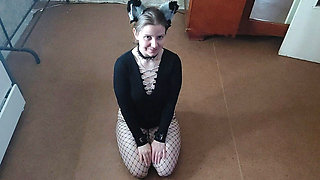 Sexy Kitty Eats From a Bowl and Licks Her Master's Feet - Lovessie