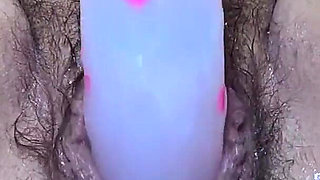 MILF Fucking Hairy Big Labia Cunt with Two Dildos