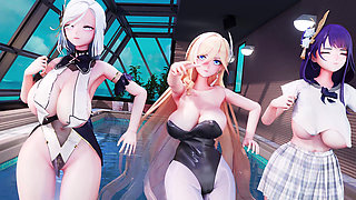 [mmd]thor, Shen He, Dumb Goose Bunny Girl, Jk Uniform, Swimsuit, Miniskirt, Black Stockings, White Stockings, Huge Breasts
