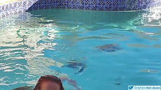 Curvy Long Haired Ginger MILF Splashing in the Pool Before Getting Fucked Outside