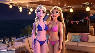 Rapunzel and Elsa Stranded on an Island: Lesbian Cartoon Fuck