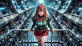 Redhead Commander in Green Sci-fi Uniform! Lazy, Teasing Vibes While Playing with Candlelight on the Spaceship Bridge.