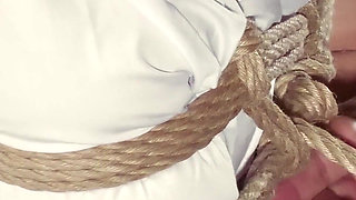 Miwa Kiritani Hands Tied Behind Her Back While Tesshin Doyama Stimulates Her Feet