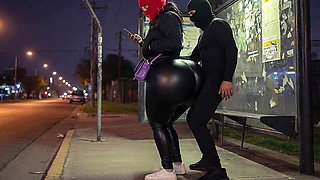 Big Ass Latina in Tight Leather Pants at Bus Stop Strips to Black Leather Thong