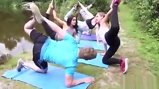 CFNM Four Yoga student girls jerking dick outdoor