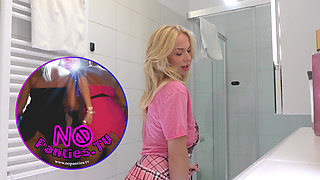 Cute Beautiful and Hot All Natural Big Tits Big Ass Blonde College Slut Masturbates with a Small Massager Using Under Her Skirt