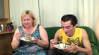 Huge boobs mother inlaw sucks and rides young cock