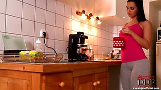 Eve Angel fingering in kitchen