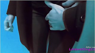 Too Late ! She Pees In Her Pants In The Mall Elevator