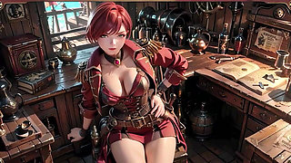 Redhead Pirate Captain! Playing with Her Cutlass in a Vintage Ship Cabin.
