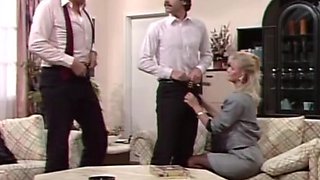 Blonde in stockings and high heels seduced to have group sex