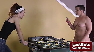 Lesbian Strip Foosball Teases Spanking Surprise