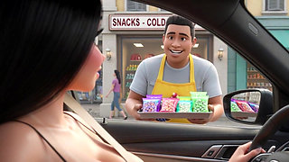 Sexy Brunette Teases Snack Vendor in Car with Big Tits and Tan Lines - Hot Exhibitionist Part 1 (ai Generated)