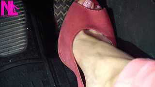 Barefoot Driving and Revving in Vivid Pink High Heeled Sandals