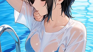 Japanese MILF Stepmom Shakes Huge Tits in Wet Panties at Pool