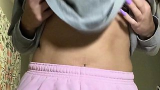 Amateur busty brunette masturbates and does hand job